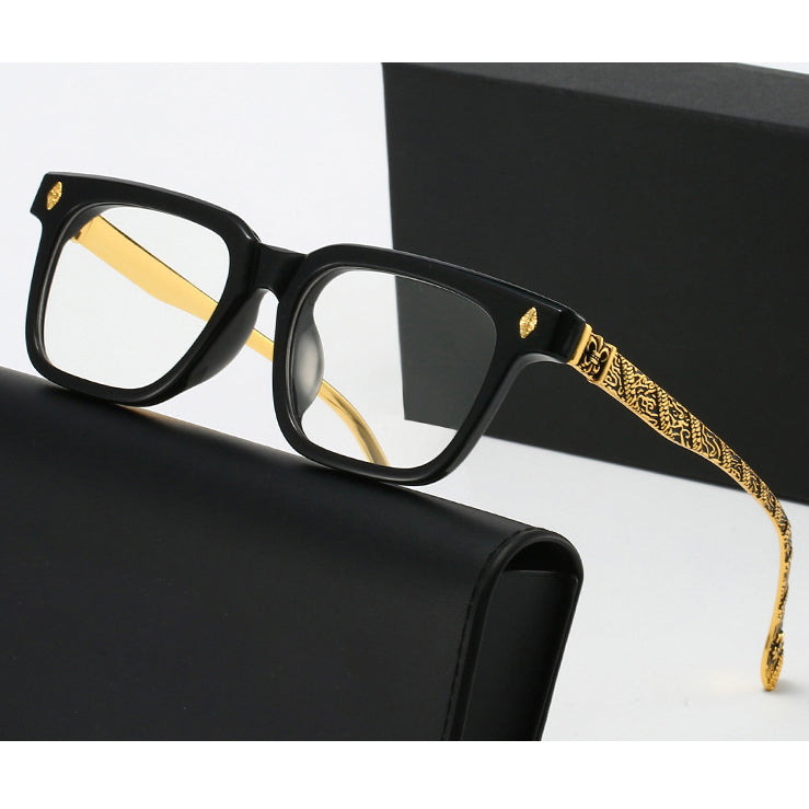 Bold Rectangle Glasses with Gold Engraved Metal Temples VK2395