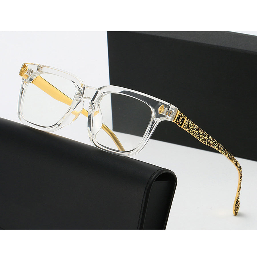 Bold Rectangle Glasses with Gold Engraved Metal Temples VK2395